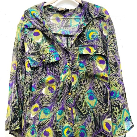 Sara Michelle Tops - Sara Michelle  Blouse sheer polyestter, buttonup green back peacok 3/4 sleeve(56